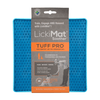 A turquoise square hard case rubber mat with small numbs inside and a packing band around the LickiMat.