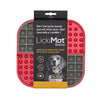 A red square hard case mat with numbs and squares inside and a packing band around the LickiMat.