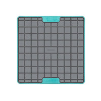 A turquoise square hard case rubber mat with squares inside.